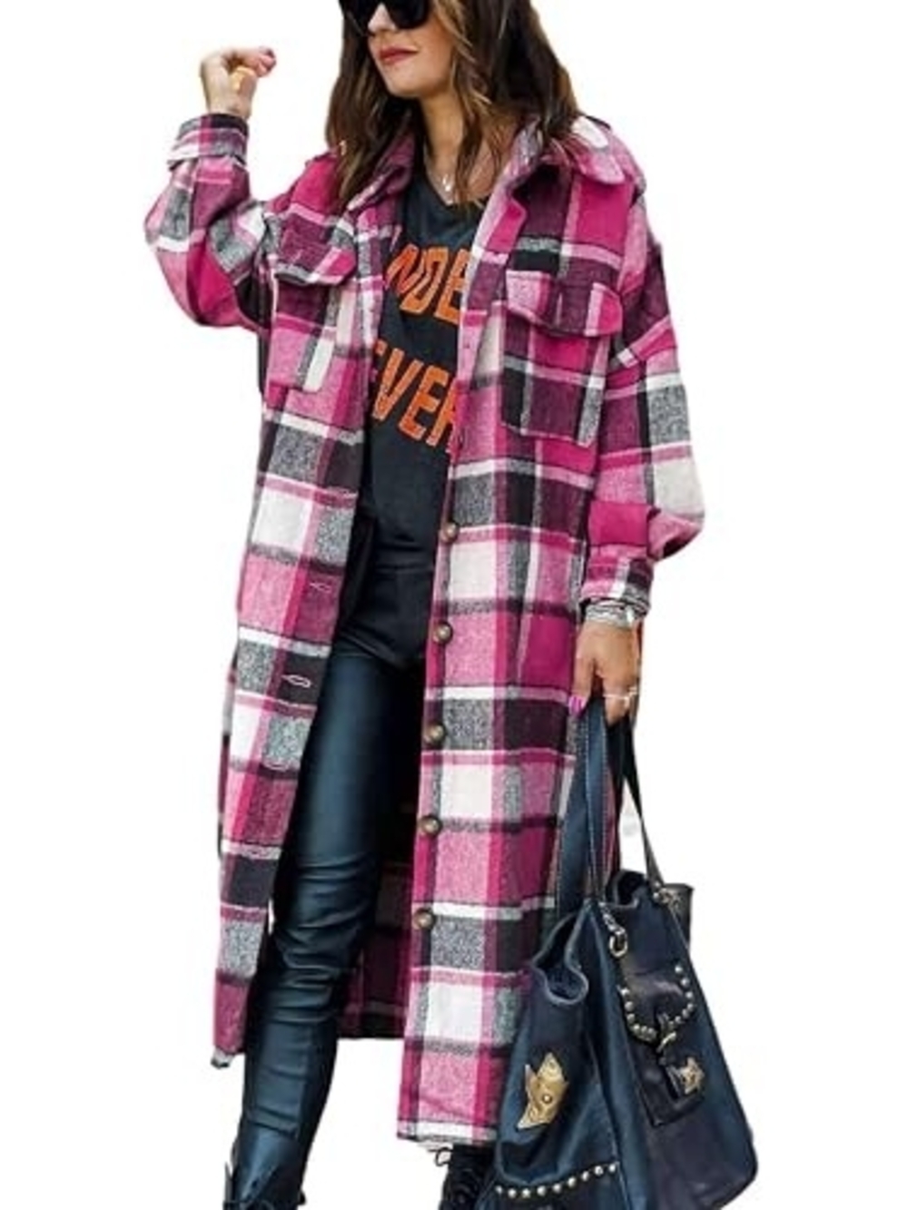 Plaid Button-Up Longline Shirt Jacket-Shacket in Pink-Size:M